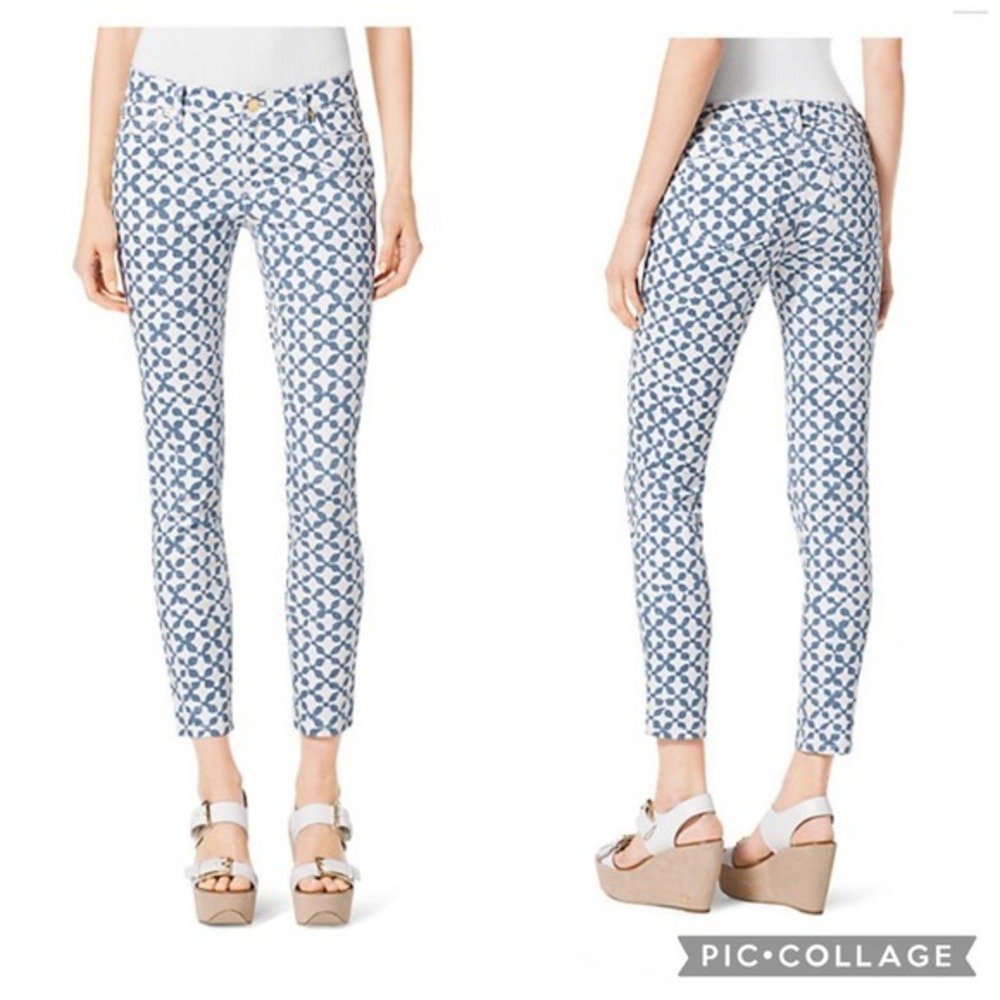 MICHAEL KORS Skinny Jeans Women‎ White Blue Geometric Print Cropped Size 4